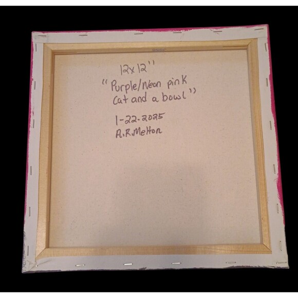 Handmade Handpainted Purple Cat And A Bowl Original Acrylic Painting 12x12" - Picture 2 of 2